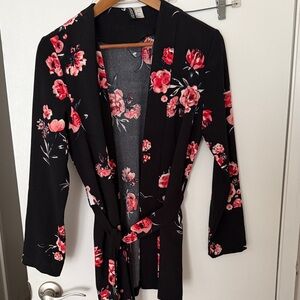H&M Black Floral Kimono Cardigan with Belt